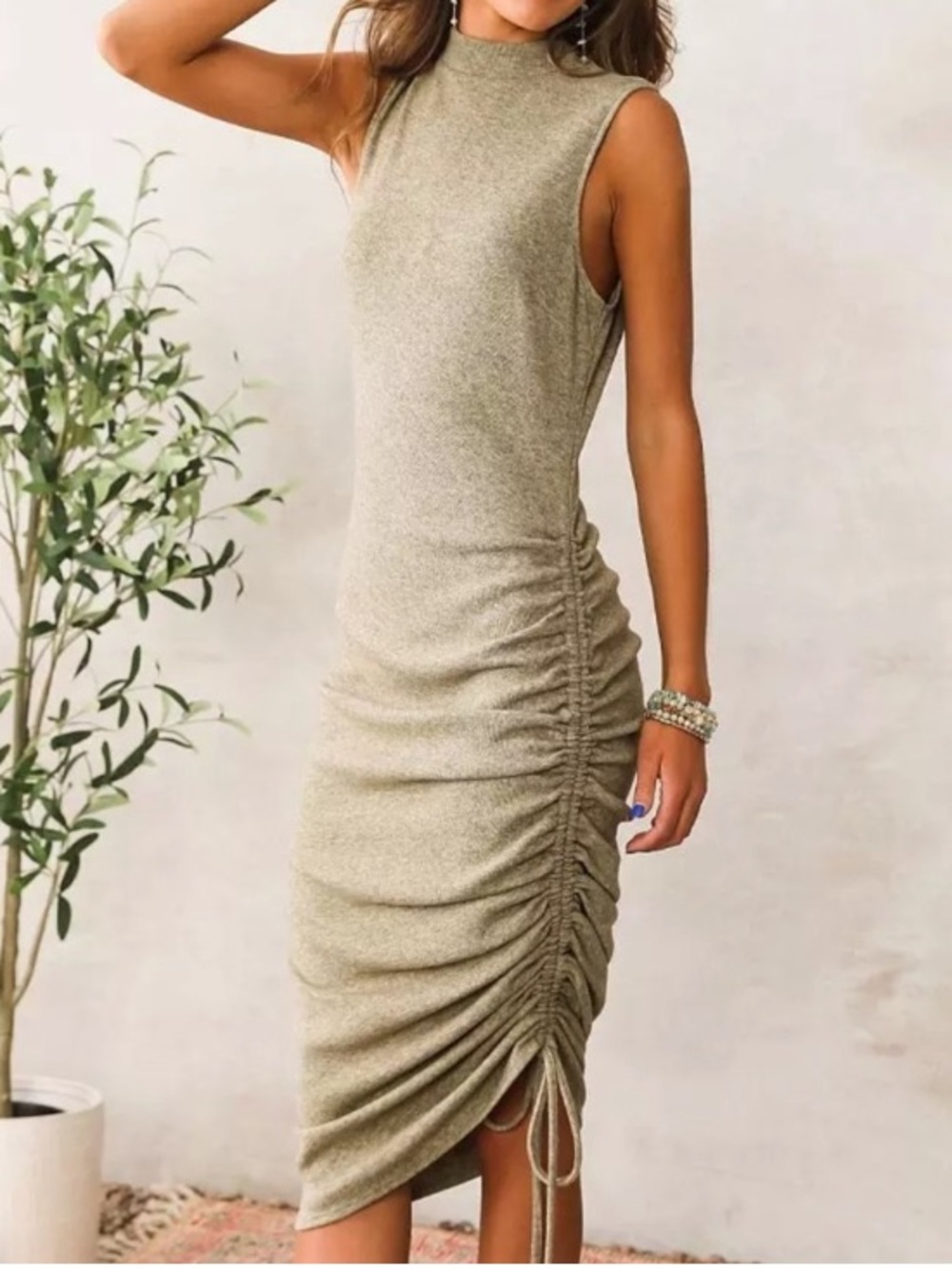 Willow & Root  Knit Sleeveless Mock Neck Midi Dress Ruched Side Olive XL NWT